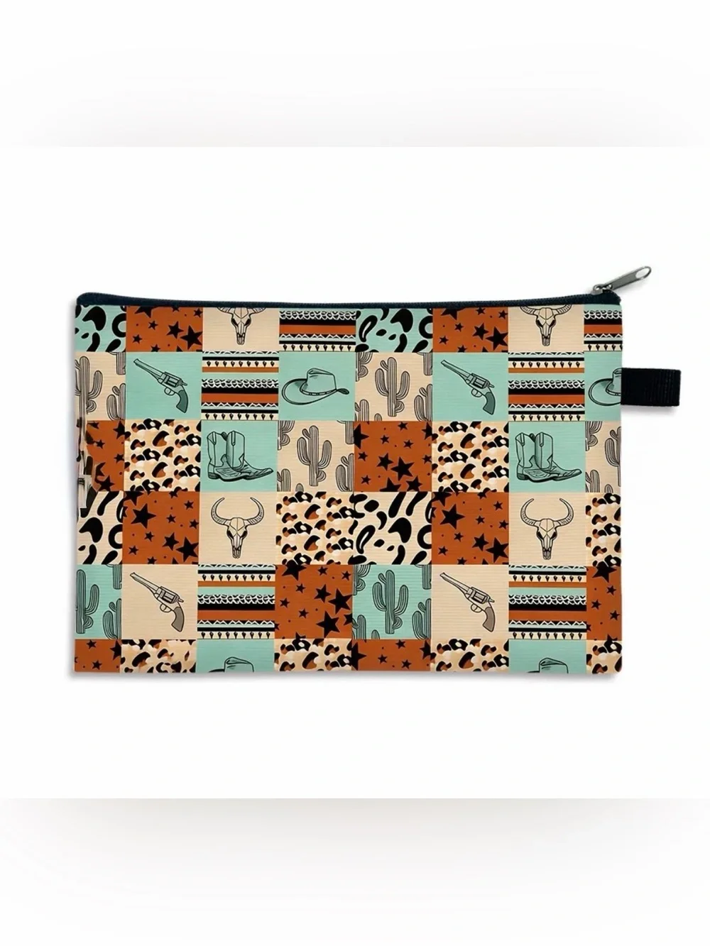 Western Patchwork Cosmetic Pouch in Turquoise, Rust & Cream